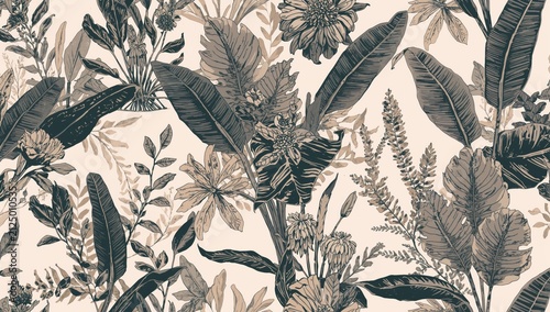 Tropical Floral Pattern in Neutral Tones with Detailed Leaves and Blooms