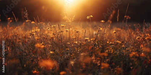 Sunlit Wildflower Field at Sunset with Warm Glow and Soft Focus