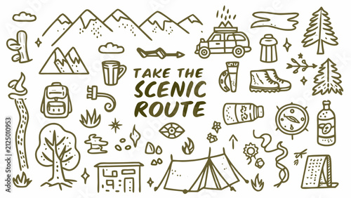Картината върху платно adventure themed line art illustration with camping elements tent mountains tree