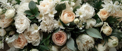 Elegant Floral Arrangement with Soft Cream and Peach Roses and Greenery