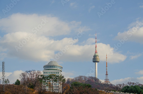 SEOUL SOUTH KOREA - November 22, 2025: Seoul Tower on sky background . also known as Namsan Tower is a communication and observation tower located on Namsan Mountain. copy space