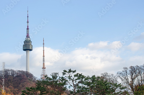 SEOUL SOUTH KOREA - November 22, 2025: Seoul Tower on sky background . also known as Namsan Tower is a communication and observation tower located on Namsan Mountain. copy space