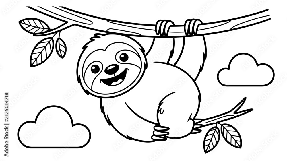 Naklejka premium Cute sloth hanging from a tree branch coloring page with coloring children wildlife illustration activity character