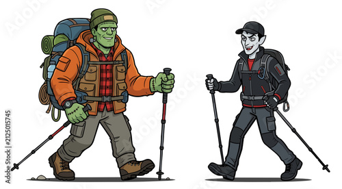 Obraz na plátne The Frankenstein and vampire characters are wearing hiker costumes, complete with trekking poles