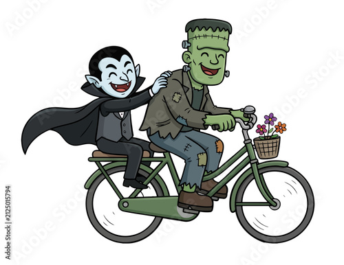 Foto Frankenstein and a vampire are riding bicycles together with cheerful expressions