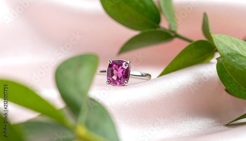 Elegant Cushion Cut Pink Gemstone Ring with Green Leaves.