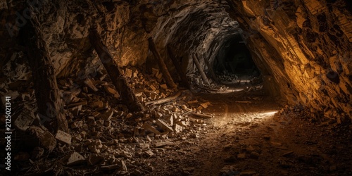 Dimly Lit Abandoned Mine Tunnel with Rock Debris and Shadows
