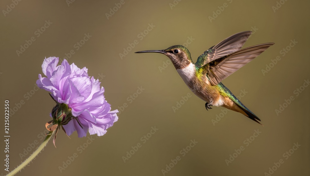 Fototapeta premium Hummingbird Hovering Near a Pink Flower in Soft Natural Light