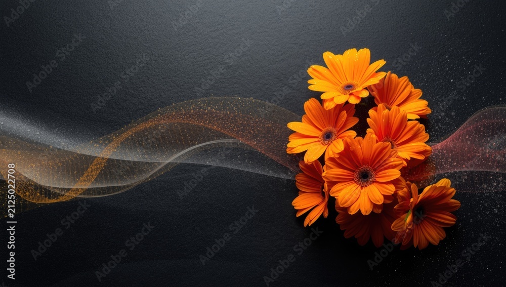 Obraz premium Bright Orange Flowers Arranged on Dark Background with Colorful Swirls