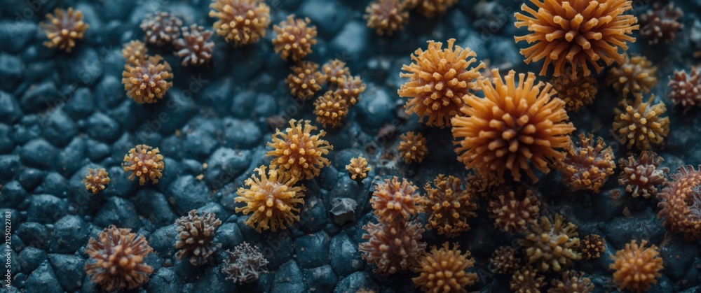 Fototapeta premium Orange Coral-like Structures on Dark Ocean Floor Closeup