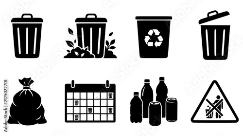 Minimalist vector garbage icons set showcasing various waste disposal management concepts