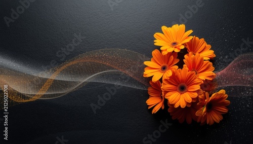 Bright Orange Flowers Arranged on Dark Background with Colorful Swirls