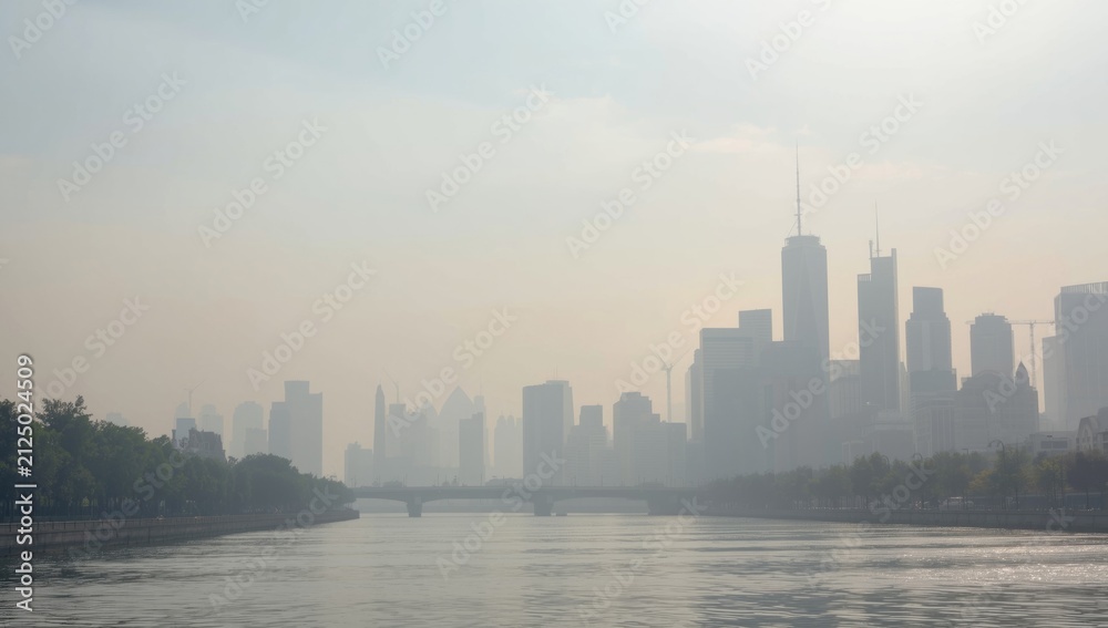 Naklejka premium Foggy Skyline Reflection Over Water in Soft Morning Light