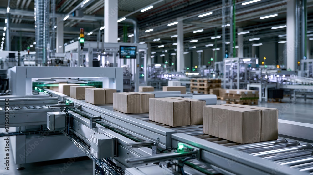 Fototapeta premium Boxes move along a conveyor belt in a busy warehouse during day time