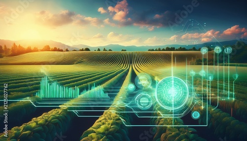 sustainable agriculture smart farming green technology concept with digital data over crop field