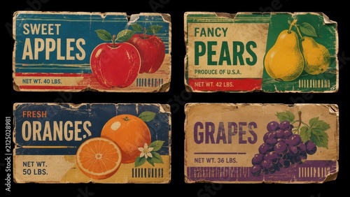 Set of worn vintage fruit crate labels on black background