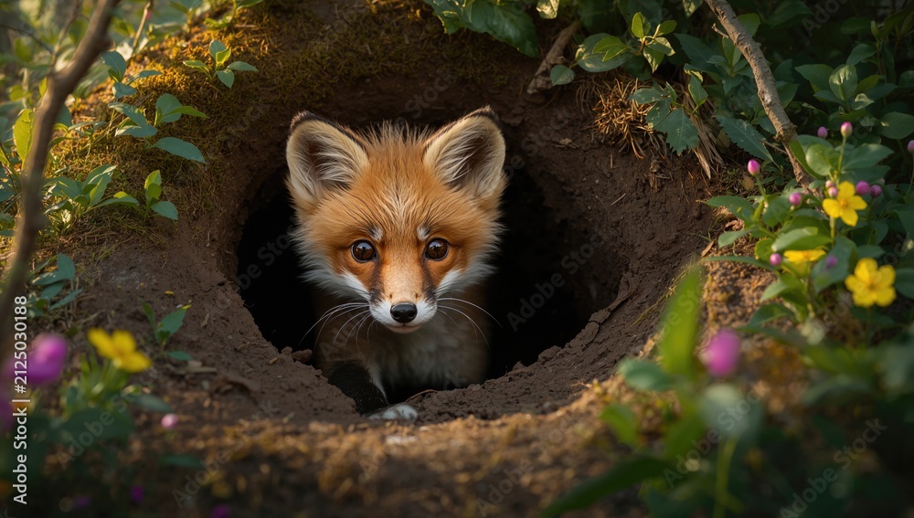 Obraz premium Curious Fox Peeking Out from Den Surrounded by Colorful Wildflowers
