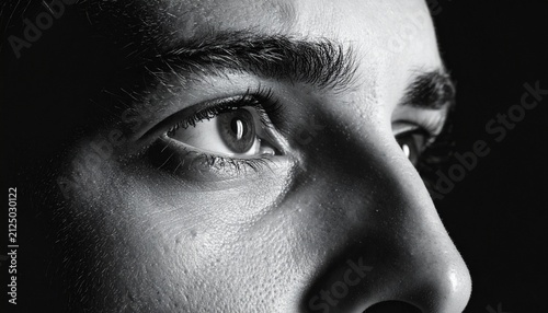 Close up of a human eye and nose in dramatic black and white