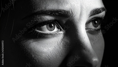 Intense close-up of a woman's eye in dramatic black and white