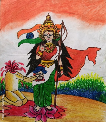 Obraz na plátně Goddess durga with indian flag and devotee in nature