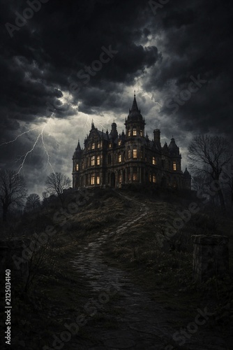 A gloomy castle on a hill on a stormy night full of lightning, old manor house in a mysterious landscape, AI generated