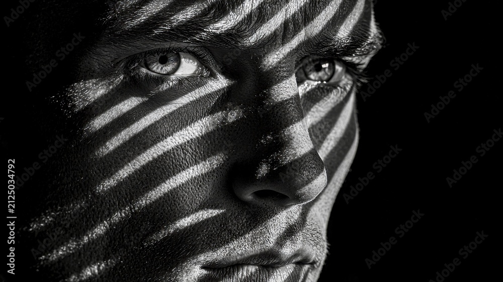 Obraz premium Close-up of a face with striped shadows creating an intense look, AI generated