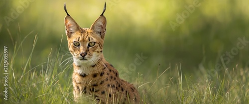 Serval Cat Sitting in Grassy Field with Soft Natural Lighting