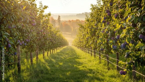 Plum Orchard Pathway in Golden Hour Light with Lush Green Grass