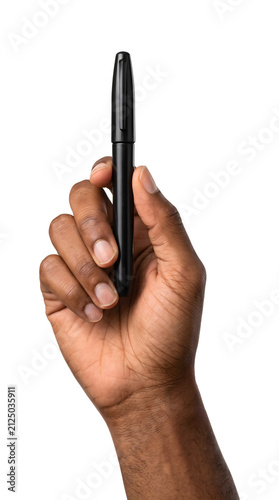 Foto Fingers holding an elegant black capped pen upright showcasing its sleek glossy