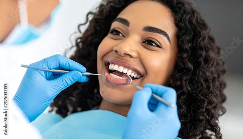 Smiling Woman Undergoing Dental Examination by Dentist.