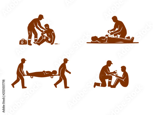 Paramedic Medical Care Disaster Victim Silhouette Sticker. Humanitarian First Aid Emergency Relief Icon Isolated.