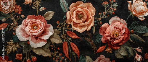 Elegant Floral Pattern with Roses and Leaves on Dark Background
