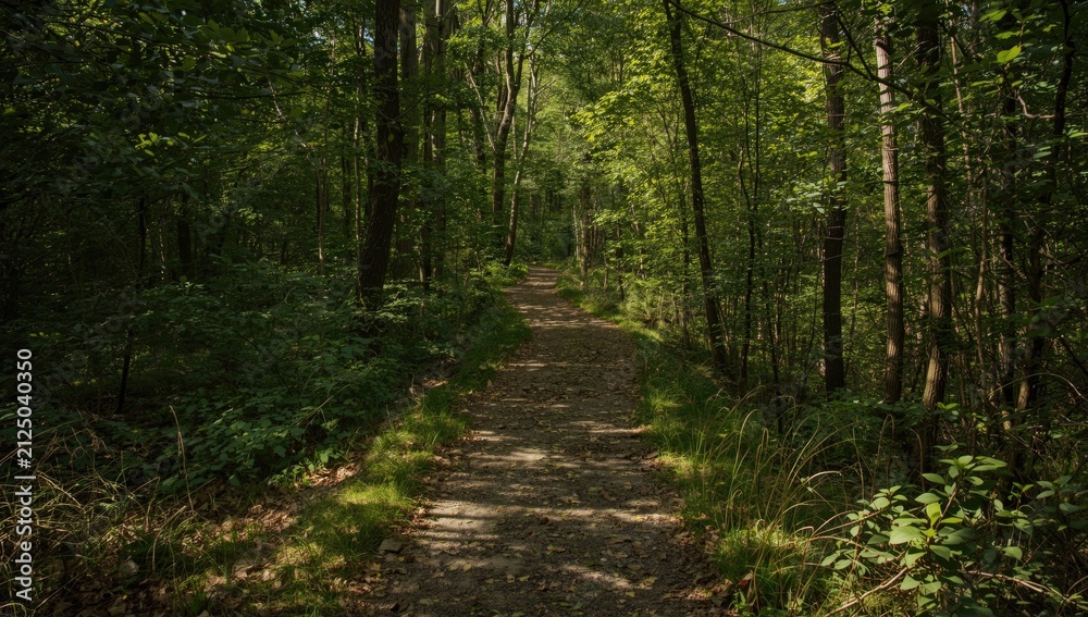 Fototapeta premium Serene Forest Pathway Surrounded by Lush Green Trees in Daylight