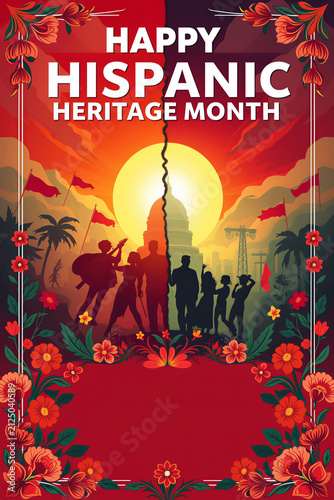 National Hispanic Heritage Month Celebration Design with Cultural Flags and Floral Typography