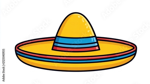 Bright yellow sombrero with colorful striped band, isolated on white background