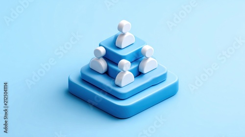 Abstract 3D pyramid with people icons representing hierarchy and teamwork on blue background