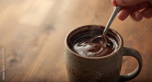 Stirring Hot Chocolate in a Rustic Mug on a Wooden Table