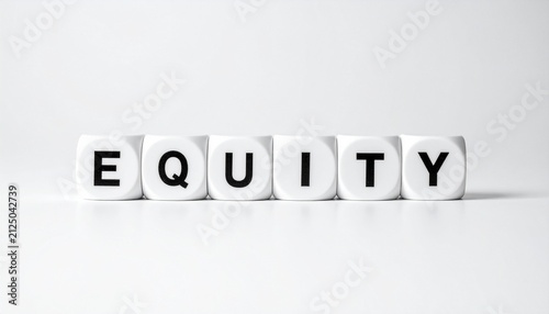 Six white cubes arranged in row on white surface with plain white background, each cube printed with single black letter spelling “EQUITY,” clean minimalist composition visually symbolizing fairness, 
