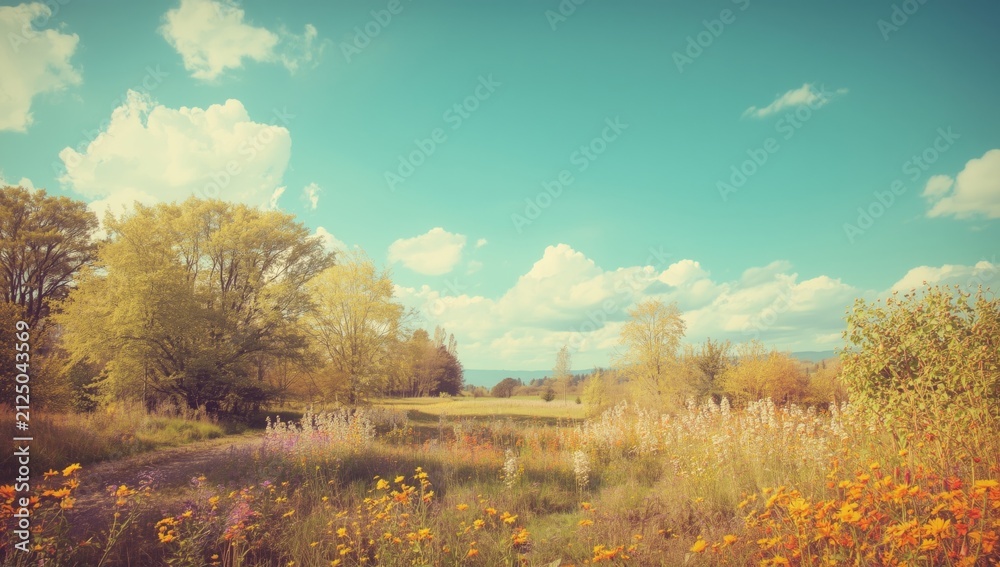 Fototapeta premium Autumn Landscape with Colorful Wildflowers and Bright Blue Sky