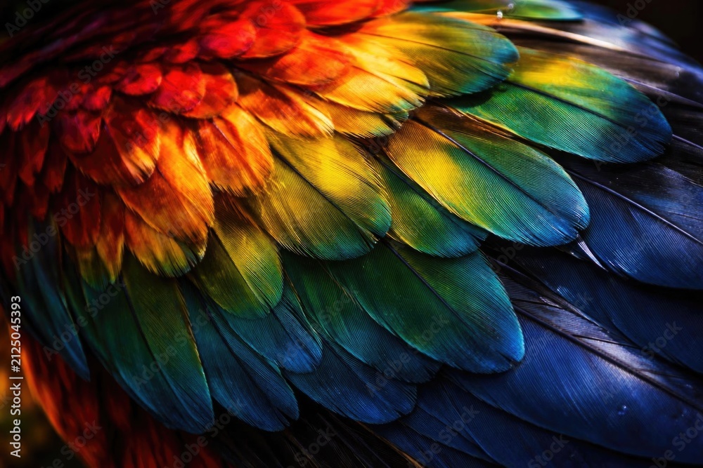 Obraz premium Colorful Parrot Feathers in Closeup with Vibrant Rainbow Palette