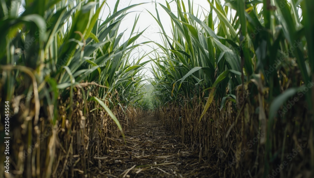 Fototapeta premium Lush Cornfield Pathway with Tall Green Stalks Under Soft Light