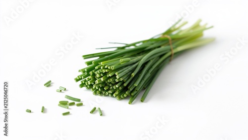 Fresh Chives Bundled with Chopped Pieces on White Background