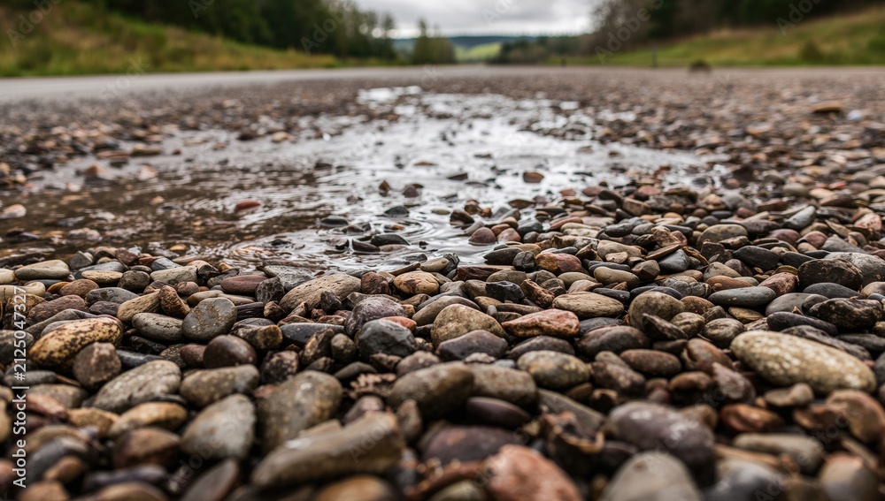 Obraz premium Puddles Reflecting Clouds on a Gravel Road After Rain