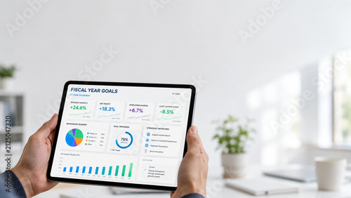 Hand holding tablet with fiscal year goals dashboard