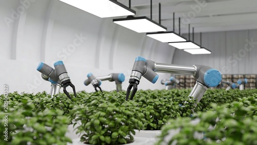 Robotic arms inspecting and harvesting green plants in vertical farm