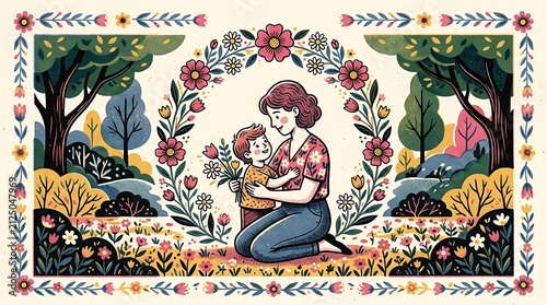 Loving mother receiving a bouquet of flowers from her son in a garden