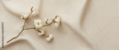 Cotton Flower Branch Placed on Cream Fabric Background in Soft Natural Light