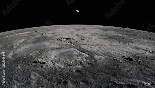 Moon Surface with Craters and Earth in the Background in Deep Space