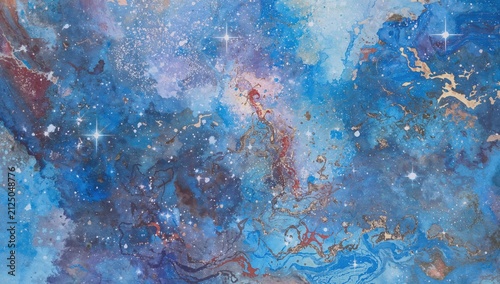 Cosmic Abstract Space Art with Blue and Gold Swirls and Stars