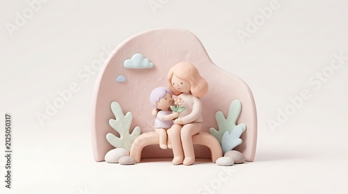 Clay sculpture of a child giving a flower to their mother